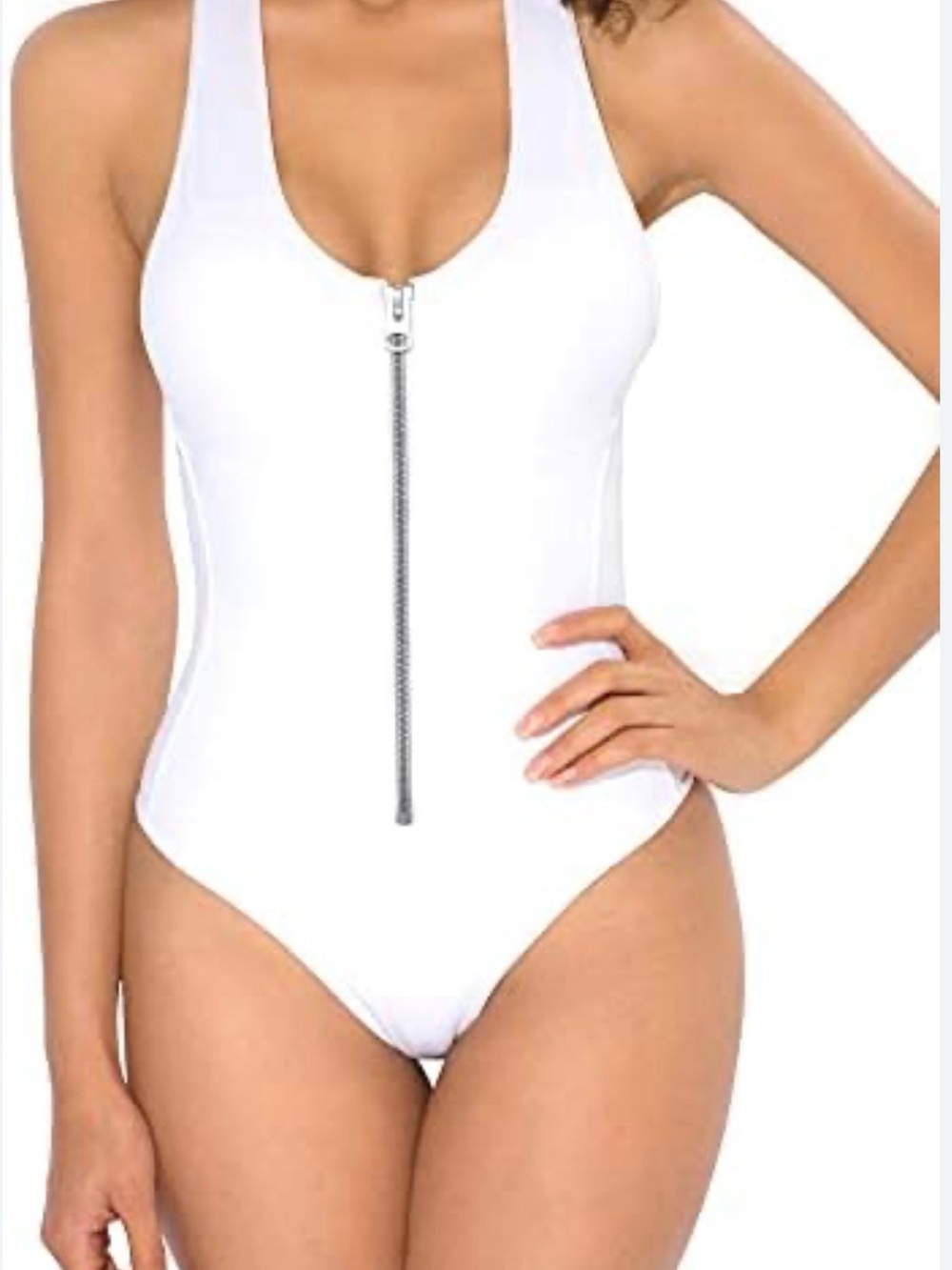 American Apparel White Ribbed black Zip-Front Bodysuit